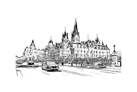 Building view with landmark of Ottawa is the 
capital of Canada. Hand drawn sketch illustration in vector.のイラスト素材