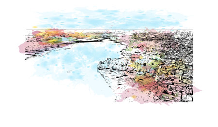 Building view with landmark of Ouagadougou is the capital in Burkina Faso. Watercolor splash with hand drawn sketch illustration in vector.のイラスト素材