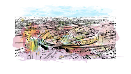 Building view with landmark of Ouagadougou is the capital in Burkina Faso. Watercolor splash with...