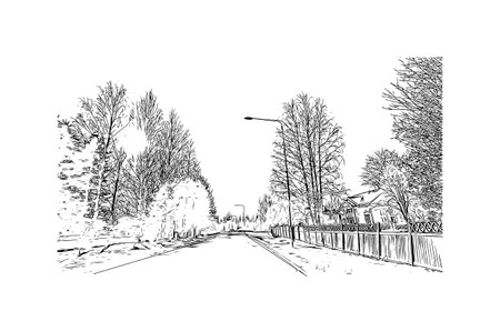 Building view with landmark of Oulu is a city in central Finland. Hand drawn sketch illustration in vectorのイラスト素材