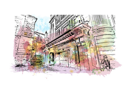 Building view with landmark of Oviedo is a town in northwest Spain. Watercolor splash with hand drawn sketch illustration in vectorのイラスト素材