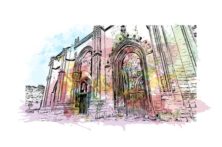 Building view with landmark of Oviedo is a town in northwest Spain. Watercolor splash with hand drawn sketch illustration in vectorのイラスト素材