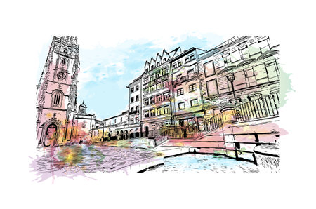 Building view with landmark of Oviedo is a town in northwest Spain. Watercolor splash with hand drawn sketch illustration in vectorのイラスト素材