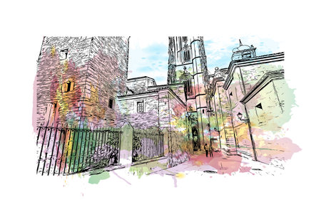 Building view with landmark of Oviedo is a town in northwest Spain. Watercolor splash with hand drawn sketch illustration in vectorのイラスト素材