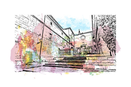 Building view with landmark of Oviedo is a town in northwest Spain. Watercolor splash with hand drawn sketch illustration in vectorのイラスト素材