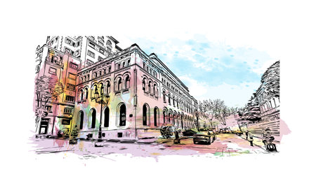 Building view with landmark of Oviedo is a town in northwest Spain. Watercolor splash with hand drawn sketch illustration in vectorのイラスト素材