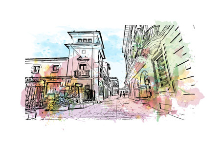 Building view with landmark of Oviedo is a town in northwest Spain. Watercolor splash with hand drawn sketch illustration in vector.のイラスト素材