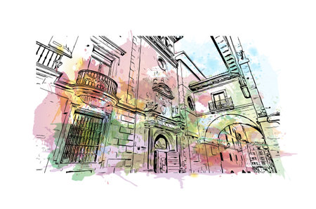 Building view with landmark of Oviedo is a town in northwest Spain. Watercolor splash with hand drawn sketch illustration in vector.のイラスト素材