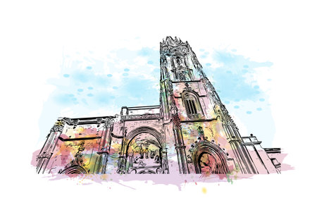 Building view with landmark of Oviedo is a town in northwest Spain. Watercolor splash with hand drawn sketch illustration in vector.のイラスト素材
