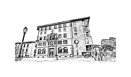 Building view with landmark of Oviedo is a town in northwest Spain. Hand drawn sketch illustration in vector.のイラスト素材