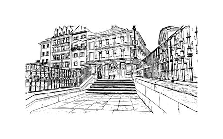 Building view with landmark of Oviedo is a town in northwest Spain. Hand drawn sketch illustration in vector.のイラスト素材