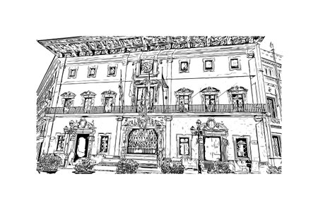 Building view with landmark of Palma is the 
city in Spain. Hand drawn sketch illustration in vector.のイラスト素材