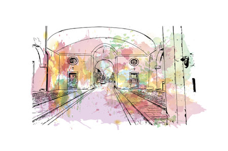 Building view with landmark of Palmanova is the 
town in Italy. Watercolor splash with hand drawn sketch illustration in vector.のイラスト素材