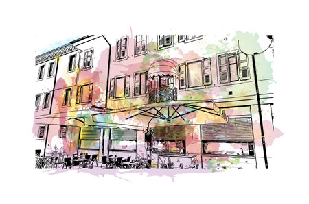 Building view with landmark of Palmanova is the 
town in Italy. Watercolor splash with hand drawn sketch illustration in vector.のイラスト素材