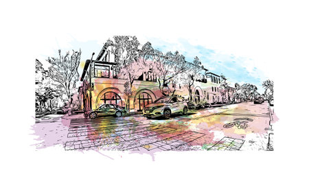 Building view with landmark of Palo Alto is a city in California. Watercolor splash with hand drawn sketch illustration in vector.のイラスト素材