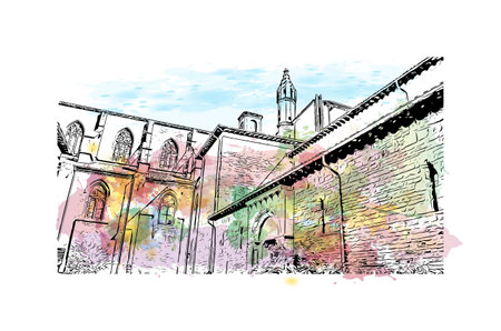 Building view with landmark of Pamplona is the 
city in Spain. Watercolor splash with hand drawn sketch illustration in vector.のイラスト素材