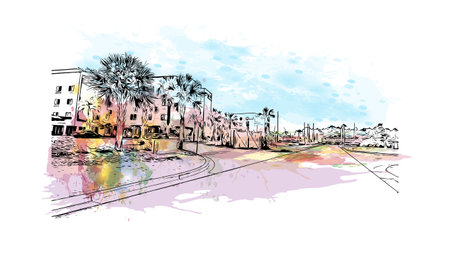 Building view with landmark of Panama is the 
country in Central America. Watercolor splash with hand drawn sketch illustration in vector.のイラスト素材