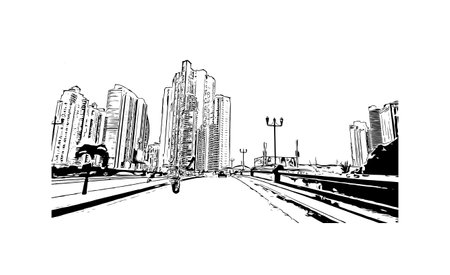 Building view with landmark of Panama City is the 
capital of Panama.
Hand drawn sketch illustration in vector.のイラスト素材