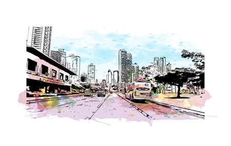 Building view with landmark of Panama City is the 
capital of Panama.
Watercolor splash with hand drawn sketch illustration in vector.のイラスト素材