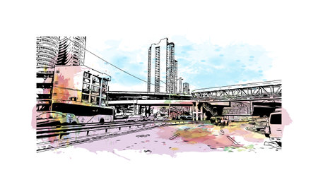 Building view with landmark of Panama City is the 
capital of Panama.
Watercolor splash with hand drawn sketch illustration in vector.のイラスト素材