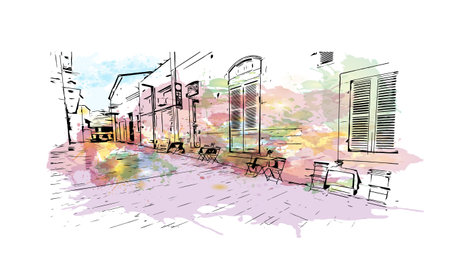 Building view with landmark of Paphos is the city in Cyprus.
Watercolor splash with hand drawn sketch illustration in vector.のイラスト素材