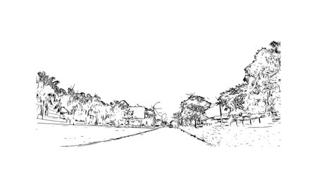 Building view with landmark of Paramaribo is the capital city in Suriname. Hand drawn sketch illustration in vector.のイラスト素材