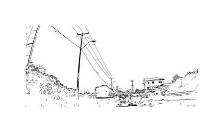 Building view with landmark of Paramaribo is the capital city in Suriname. Hand drawn sketch illustration in vector.のイラスト素材