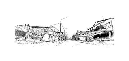 Building view with landmark of Paramaribo is the capital city in Suriname. Hand drawn sketch illustration in vector.のイラスト素材