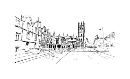 Building view with landmark of Oxford is the 
city in England. Hand drawn sketch illustration in vector.のイラスト素材