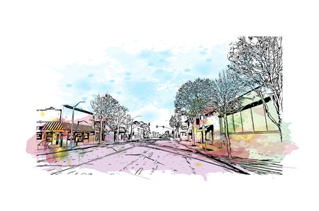 Building view with landmark of Pacific Grove is the 
city in California. Watercolor splash with hand drawn sketch illustration in vector.のイラスト素材