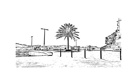 Building view with landmark of Peguera is the 
town in Spain. Hand drawn sketch illustration in vector.のイラスト素材