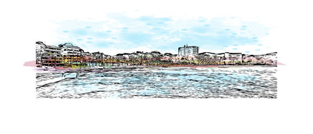 Building view with landmark of Peguera is the 
town in Spain. Watercolor splash with hand drawn sketch illustration in vector.のイラスト素材