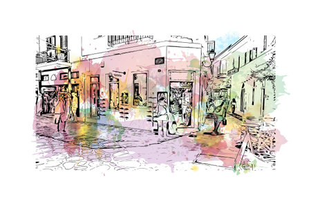 Building view with landmark of Paros is the 
village in  Greece. Watercolor splash with hand drawn sketch illustration in vectorのイラスト素材