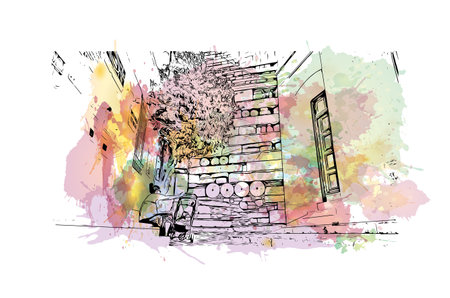 Building view with landmark of Paros is the 
village in  Greece. Watercolor splash with hand drawn sketch illustration in vectorのイラスト素材