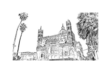 Building view with landmark of Palermo is the 
city in Italy. Hand drawn sketch illustration in vector.のイラスト素材