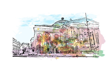 Building view with landmark of Palermo is the 
city in Italy. Watercolor splash with hand drawn sketch illustration in vector.のイラスト素材