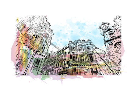 Building view with landmark of Palermo is the 
city in Italy. Watercolor splash with hand drawn sketch illustration in vector.のイラスト素材