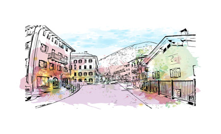 Building view with landmark of Rolle Pass is the 
mountain in Italy. Watercolor splash with hand drawn sketch illustration in vector.のイラスト素材