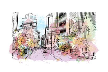 Building view with landmark of Perth is the 
city in Australia. Watercolor splash with hand drawn sketch illustration in vector.のイラスト素材