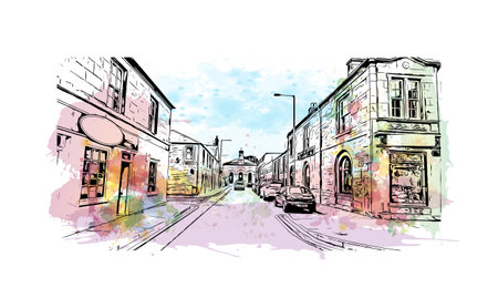 Building view with landmark of Perth is the 
city in Scotland. Watercolor splash with hand drawn sketch illustration in vector.のイラスト素材