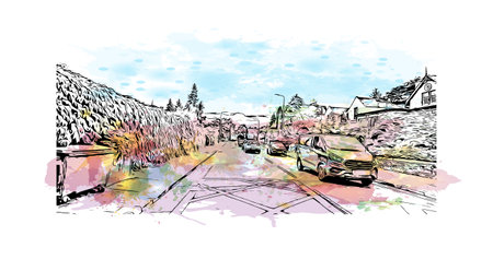 Building view with landmark of Perth is the 
city in Scotland. Watercolor splash with hand drawn sketch illustration in vector.のイラスト素材