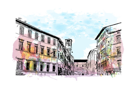 Building view with landmark of Perugia is the 
city in Italy. Watercolor splash with hand drawn sketch illustration in vector.のイラスト素材