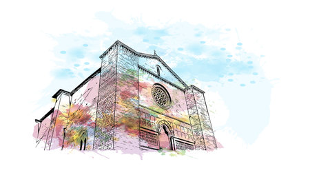 Building view with landmark of Perugia is the 
city in Italy. Watercolor splash with hand drawn sketch illustration in vector.のイラスト素材
