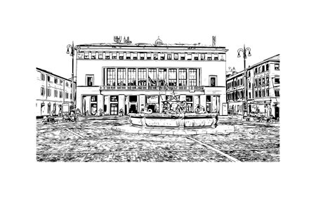 Building view with landmark of Pesaro is the 
city in Italy. Hand drawn sketch illustration in vector.のイラスト素材
