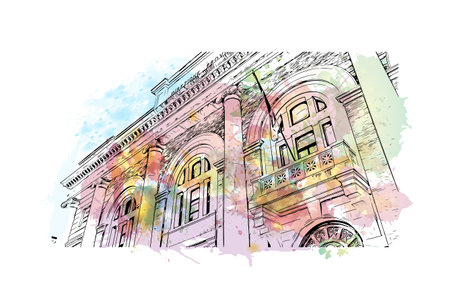 Building view with landmark of Pesaro is the 
city in Italy. Watercolor splash with hand drawn sketch illustration in vector.のイラスト素材