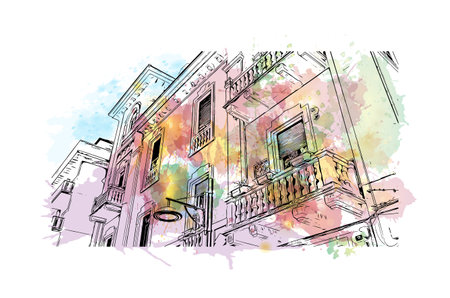 Building view with landmark of Pescara is the 
city in Italy. Watercolor splash with hand drawn sketch illustration in vector.のイラスト素材