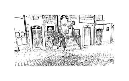Building view with landmark of Pescasseroli is the 
town in Italy.
Hand drawn sketch illustration in vector.のイラスト素材