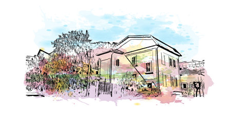 Building view with landmark of Pescasseroli is the 
town in Italy.
Watercolor splash with hand drawn sketch illustration in vector.のイラスト素材