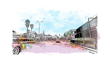 Building view with landmark of Petah Tikva is the 
city in Israel. Watercolor splash with hand drawn sketch illustration in vector.のイラスト素材