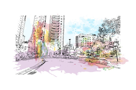 Building view with landmark of Petah Tikva is the 
city in Israel. Watercolor splash with hand drawn sketch illustration in vector.のイラスト素材